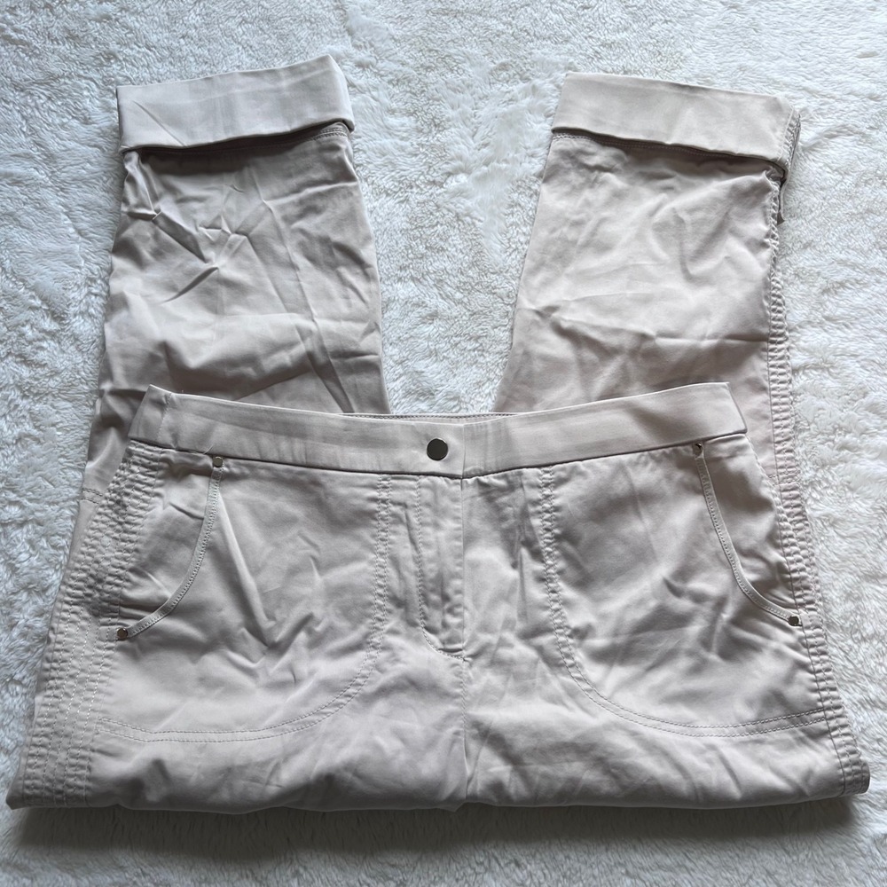 Chicos Brigette Petite Crop Pants Beige Cotton Blend Cuffed Snap Hem Size 1 P